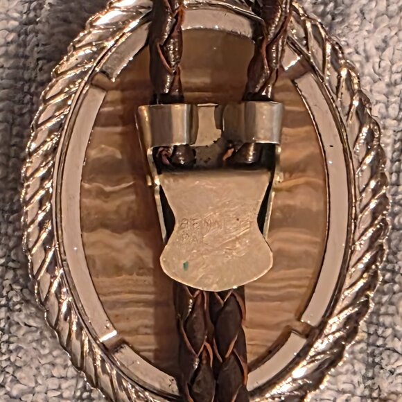 Vintage Metal Bolo Tie, Bennett, Nice Big Brownish White Stone Design with Strip - Picture 5 of 6